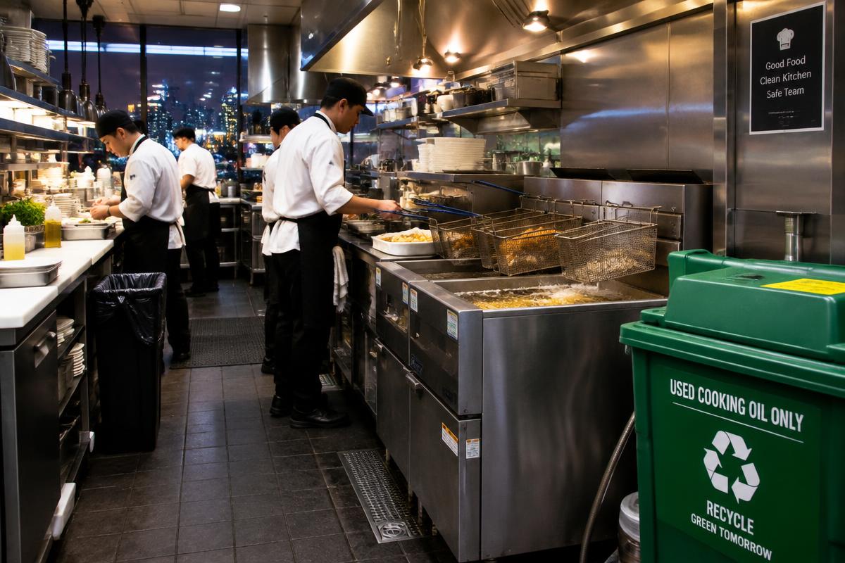 City restaurant kitchen with a used cooking oil recycling bin