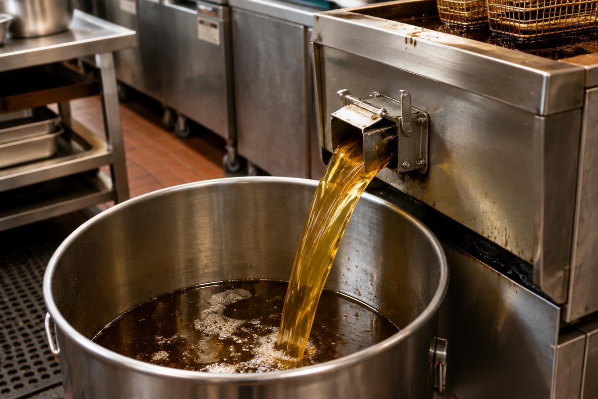Used cooking oil being drained from a commercial fryer into a collection drum