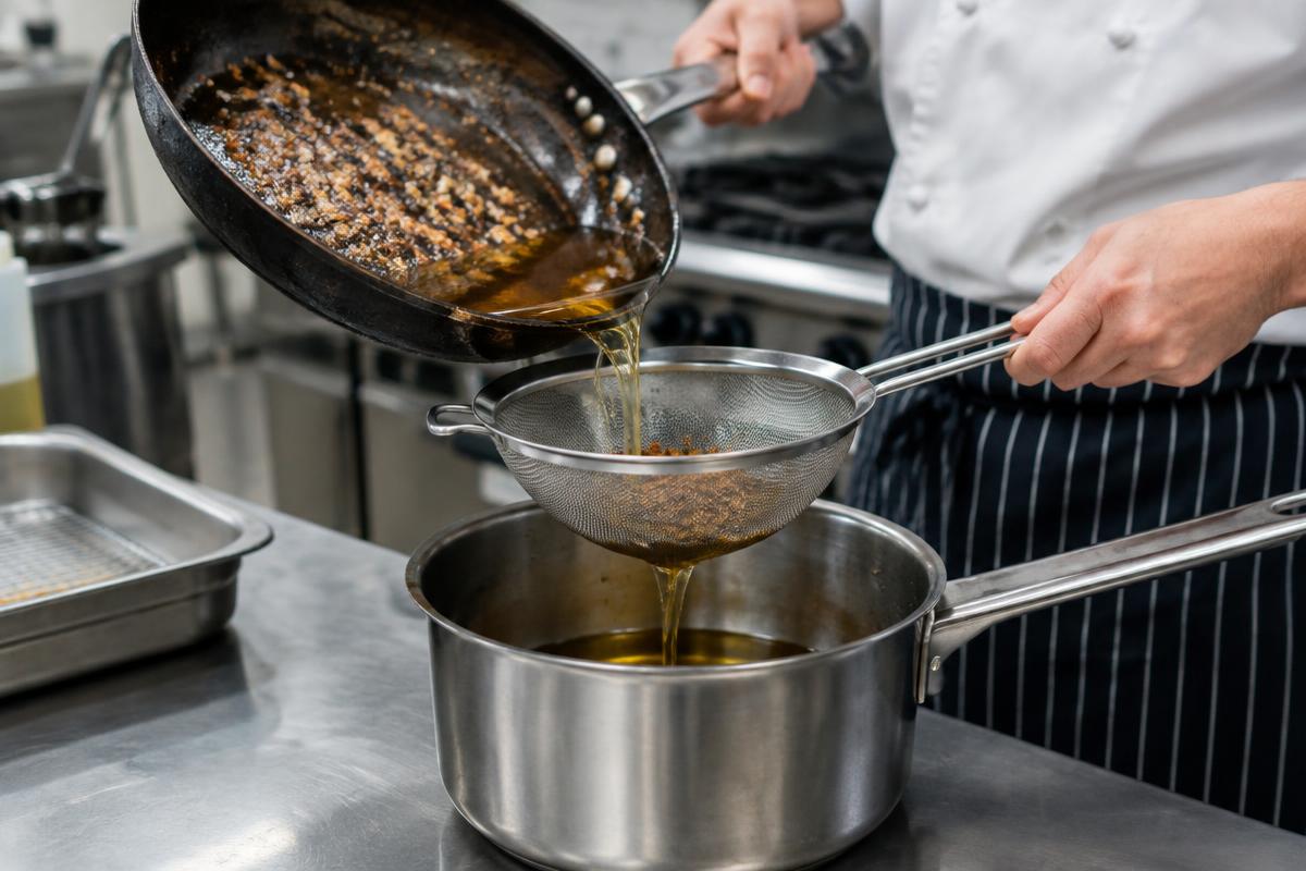 Chef straining used frying oil through a sieve to reuse it