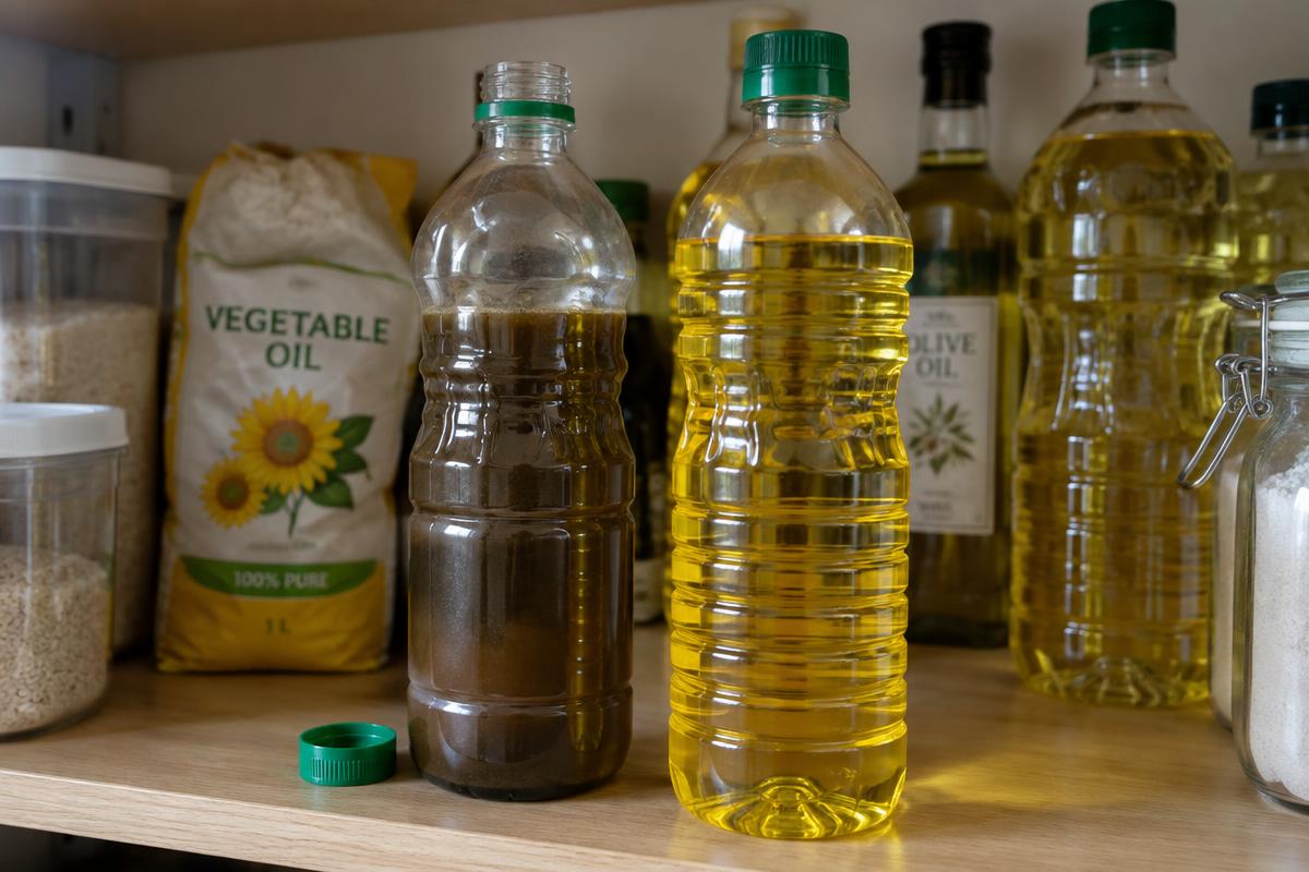 Fresh and gone-off vegetable oil side by side on a shelf