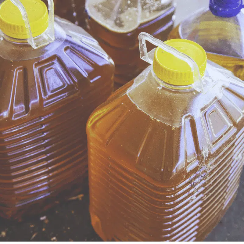 Waste cooking oil properly stored in sealed containers ready for collection